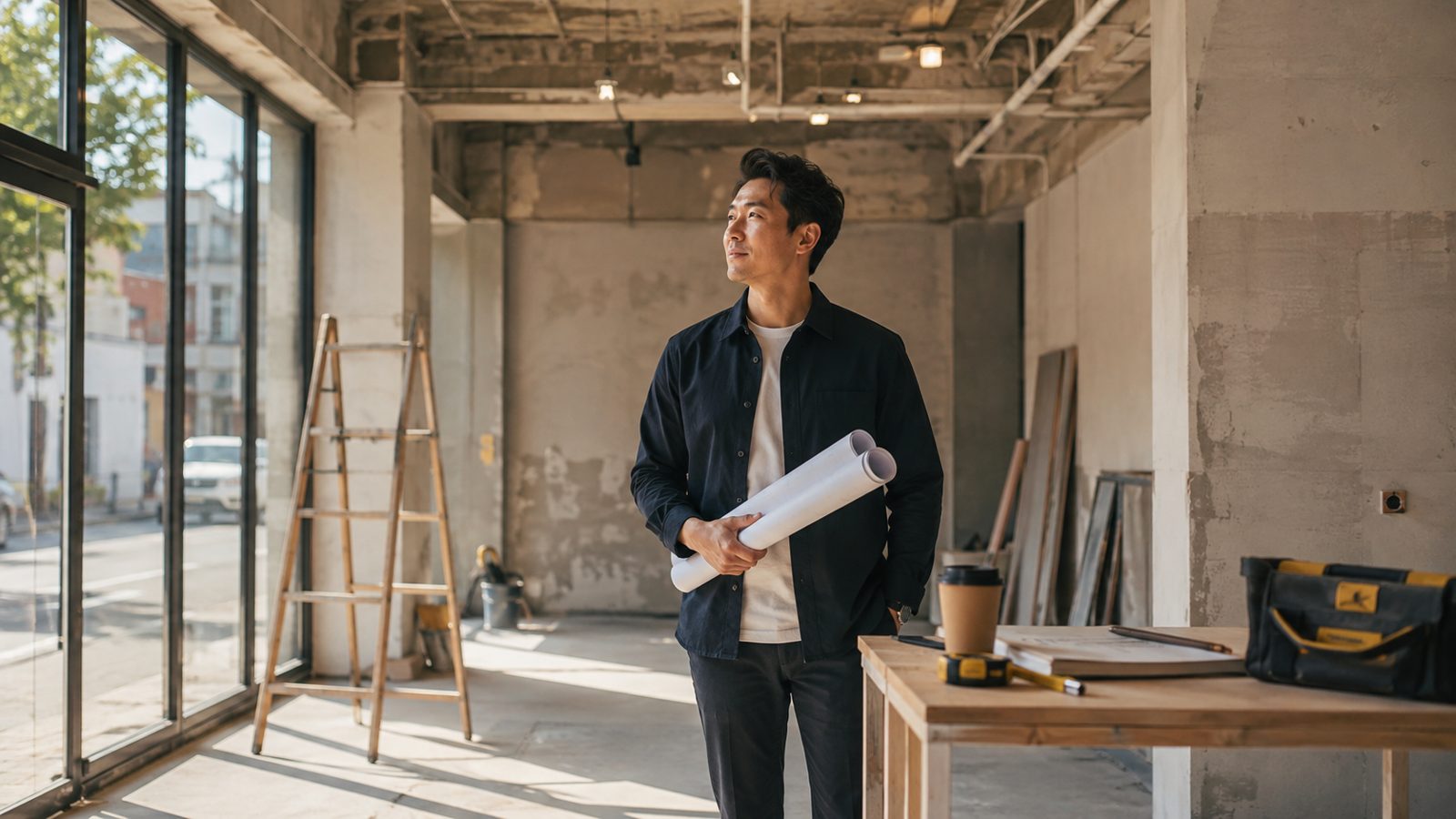 공사 전 빈 상가에서 도면을 든 창업자