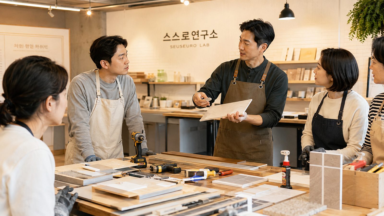 카운터에서 계획을 논의하는 창업 팀